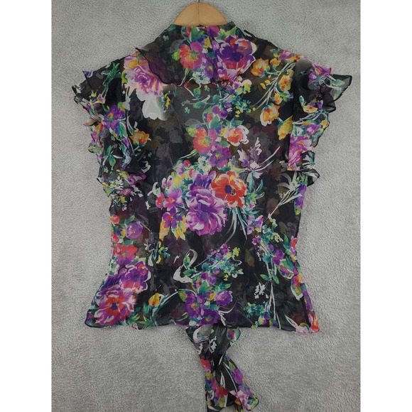 LAUREN Ralph Lauren Petite Floral Silk Ruffle Pussybow Blouse Top P/M - Picture 7 of 8